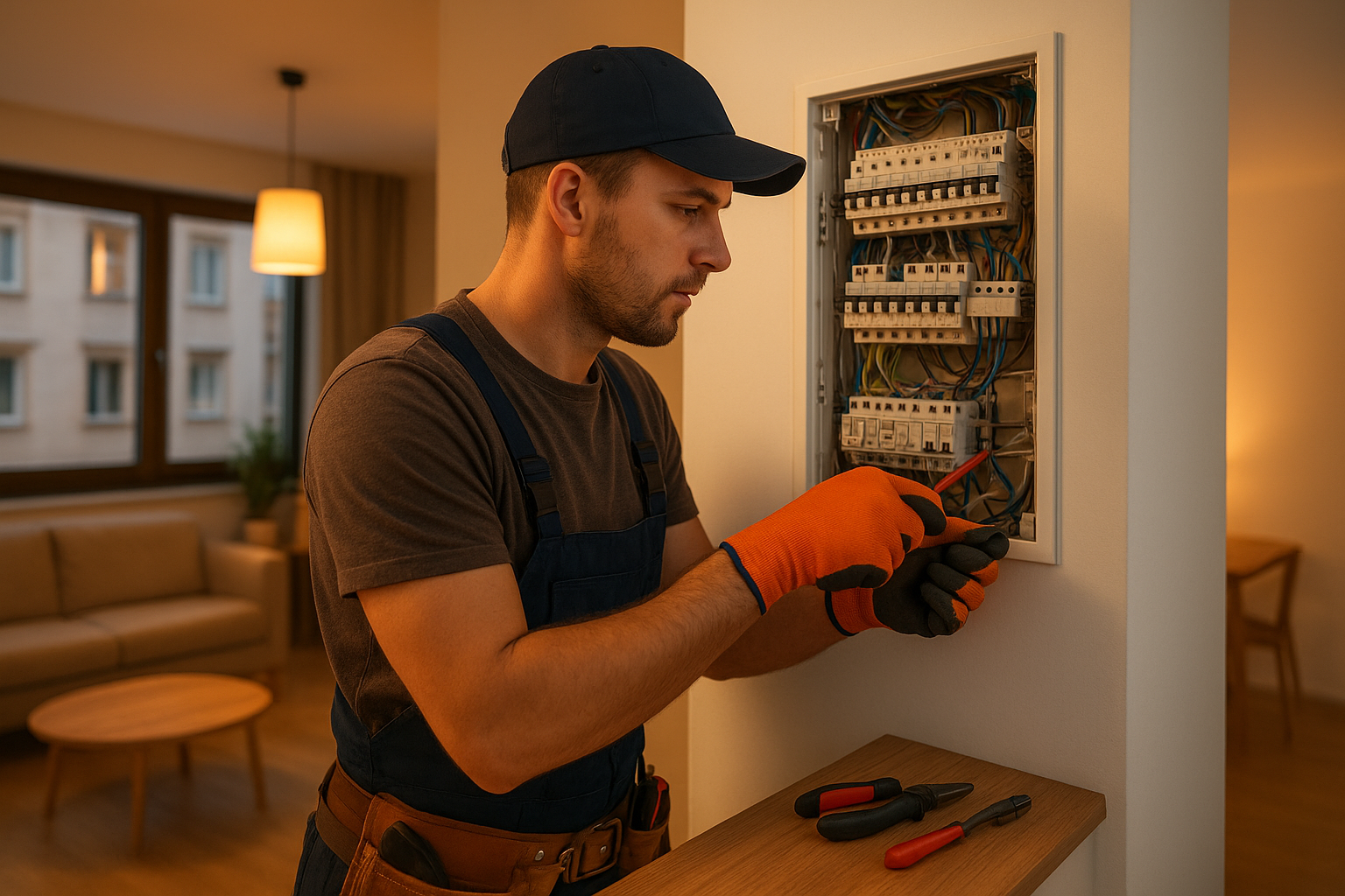 Professioneller Elektriker bei der Arbeit in einer modernen Wiener Wohnung